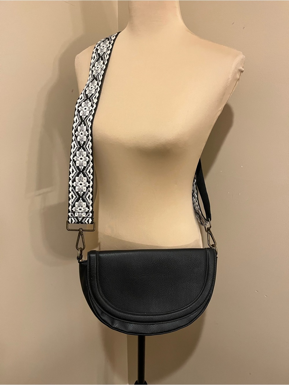 Black Crossbody Half Moon Saddle Bag with Patterned Strap
